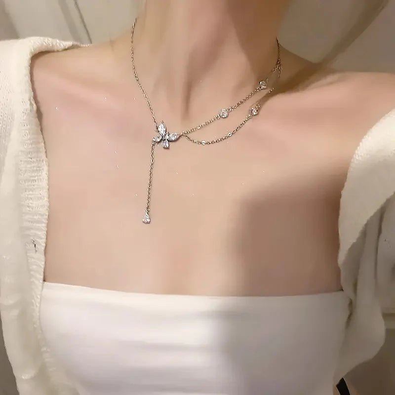 2 Layer Crystal Butterfly Necklace
