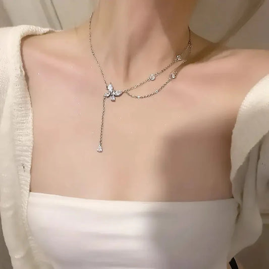 2 Layer Crystal Butterfly Necklace