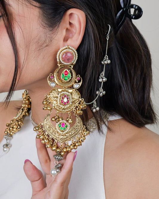 Royal Kundan Jhumka with Ear Chain